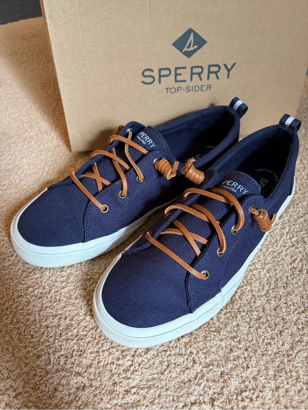Sperry Navy Canvas Boat Shoe with Brown Laces